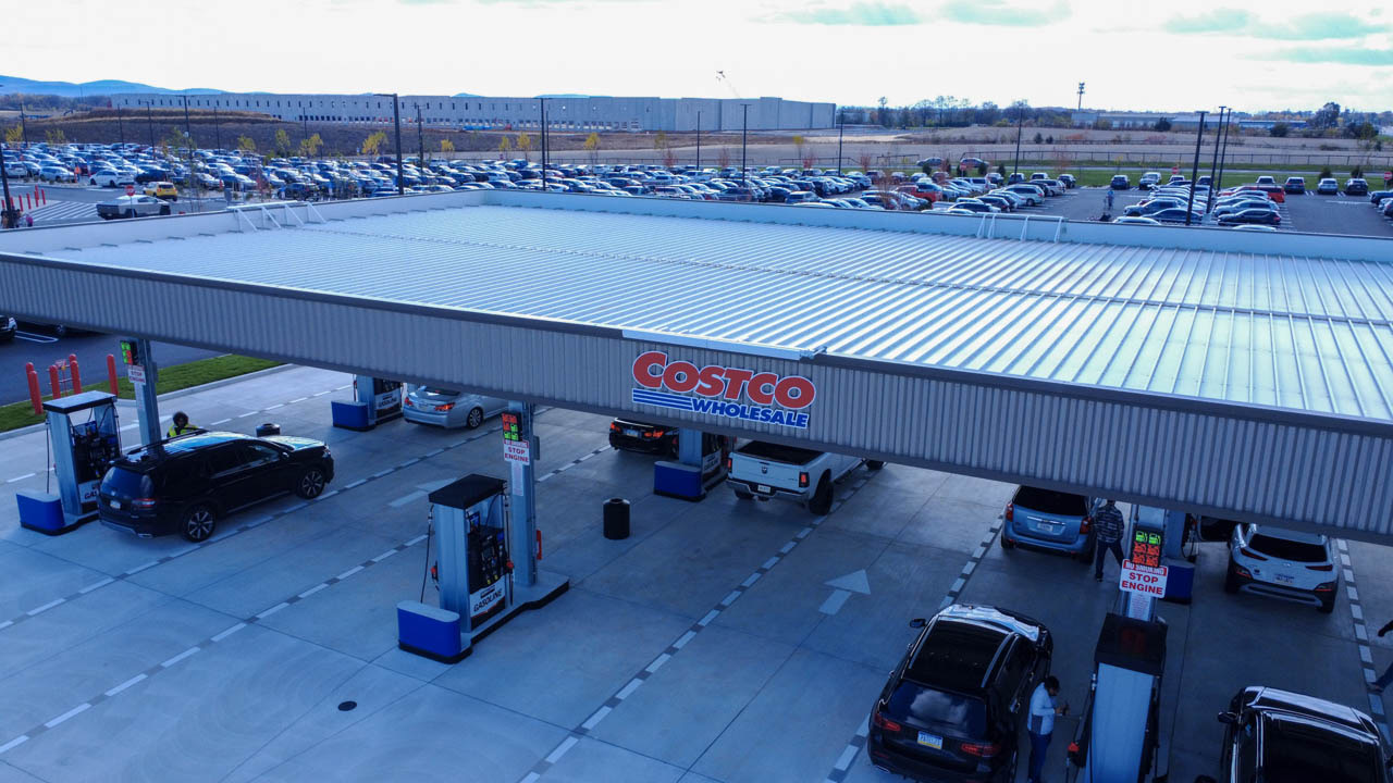 Drone shot of the Costco fuel station with the Costco Wholesale sign