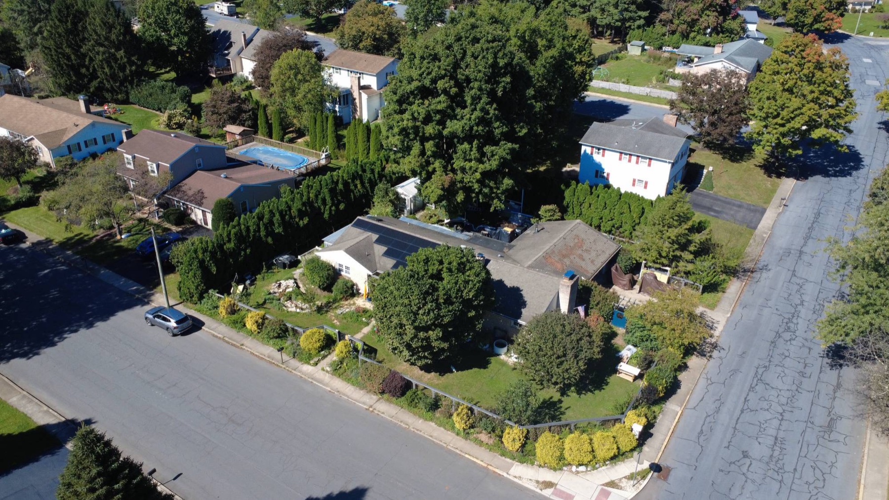 Drone photo of a home on a corner lot